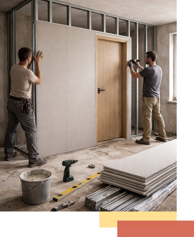 Перегородка из гипсокартона с дверью под ключ в Луге