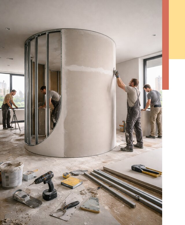 Радиусная перегородка из гипсокартона в Луге от 2990 руб. под ключ | ОТДЕЛОЧНИК-Лга