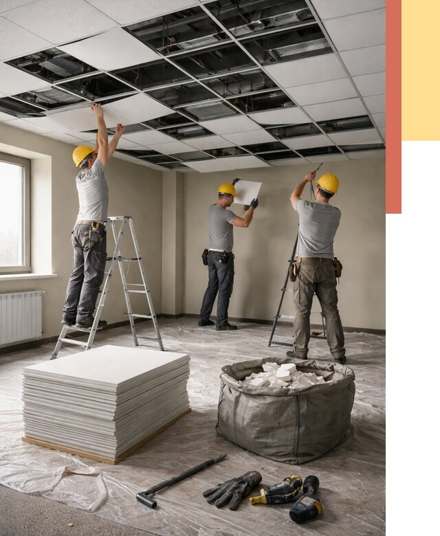 Демонтаж потолка Армстронг в Луге от 4640 руб. быстро и недорого | ОТДЕЛОЧНИК-Лга