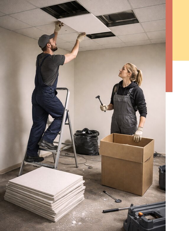 Демонтаж потолочной плитки в Луге от 4640 руб. быстро и недорого | ОТДЕЛОЧНИК-Лга