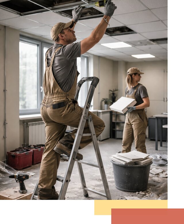 Ремонт потолка Армстронг и замена плит в Луге