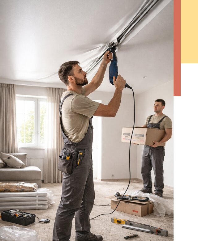 Монтаж сатинового натяжного потолка в Луге от 3609 руб. | Быстро, недорого — ОТДЕЛОЧНИК-Лга