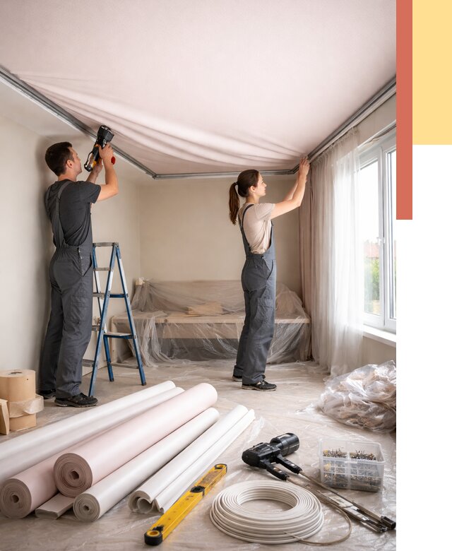 Монтаж цветного натяжного потолка в Луге от 4330 руб/м² — быстро и недорого | ОТДЕЛОЧНИК-Лга