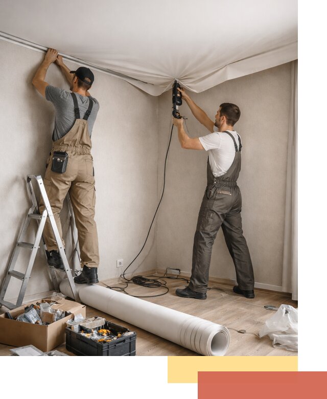 Монтаж цветного натяжного потолка в Луге за один день