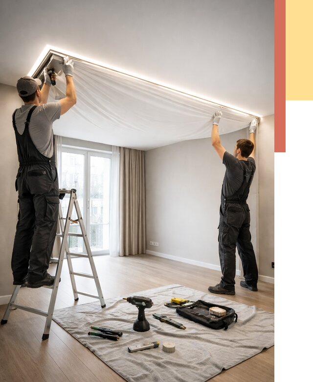 Монтаж парящего натяжного потолка в Луге от 4640 руб. быстро и недорого | ОТДЕЛОЧНИК-Лга