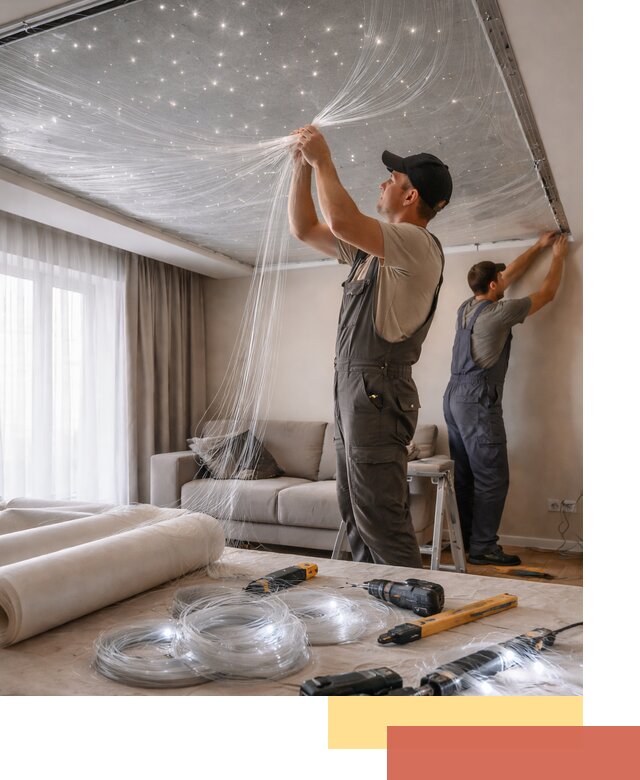 Монтаж натяжного потолка «Звездное небо» в Луге