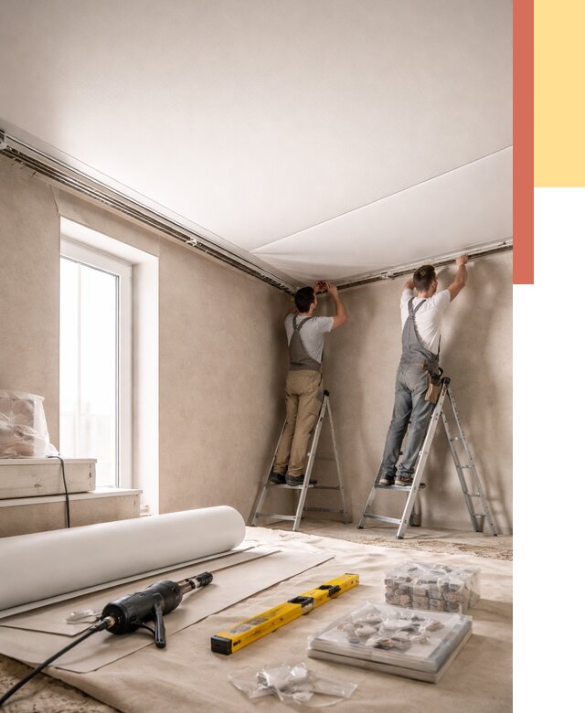 Монтаж натяжного потолка в спальне в Луге от 3918 руб. под ключ | ОТДЕЛОЧНИК-Лга