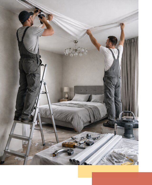 Монтаж натяжного потолка в спальне в Луге