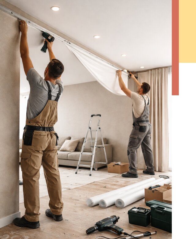 Монтаж натяжного потолка в гостиной в Луге от 567 руб. | ОТДЕЛОЧНИК-Лга