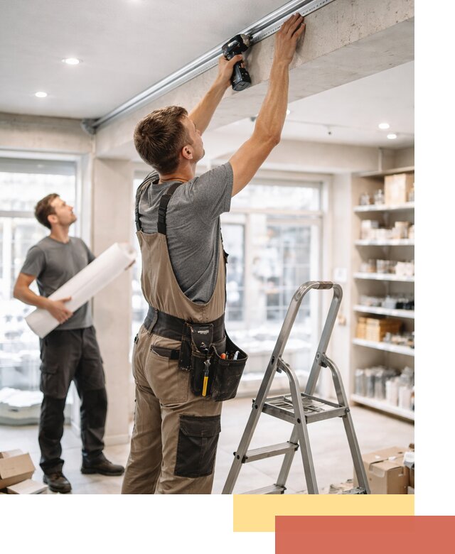 Монтаж натяжных потолков в магазине в Луге