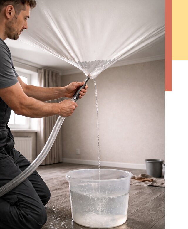 Слив воды с натяжного потолка в Луге от 2578 руб. быстро и недорого | ОТДЕЛОЧНИК-Лга