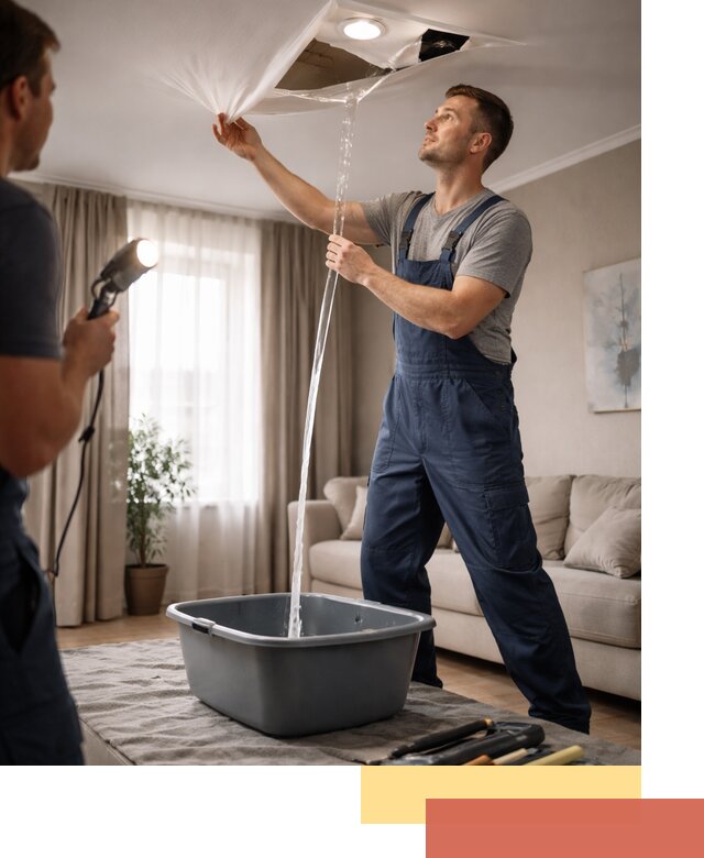 Слив воды с натяжного потолка в Луге быстро и аккуратно